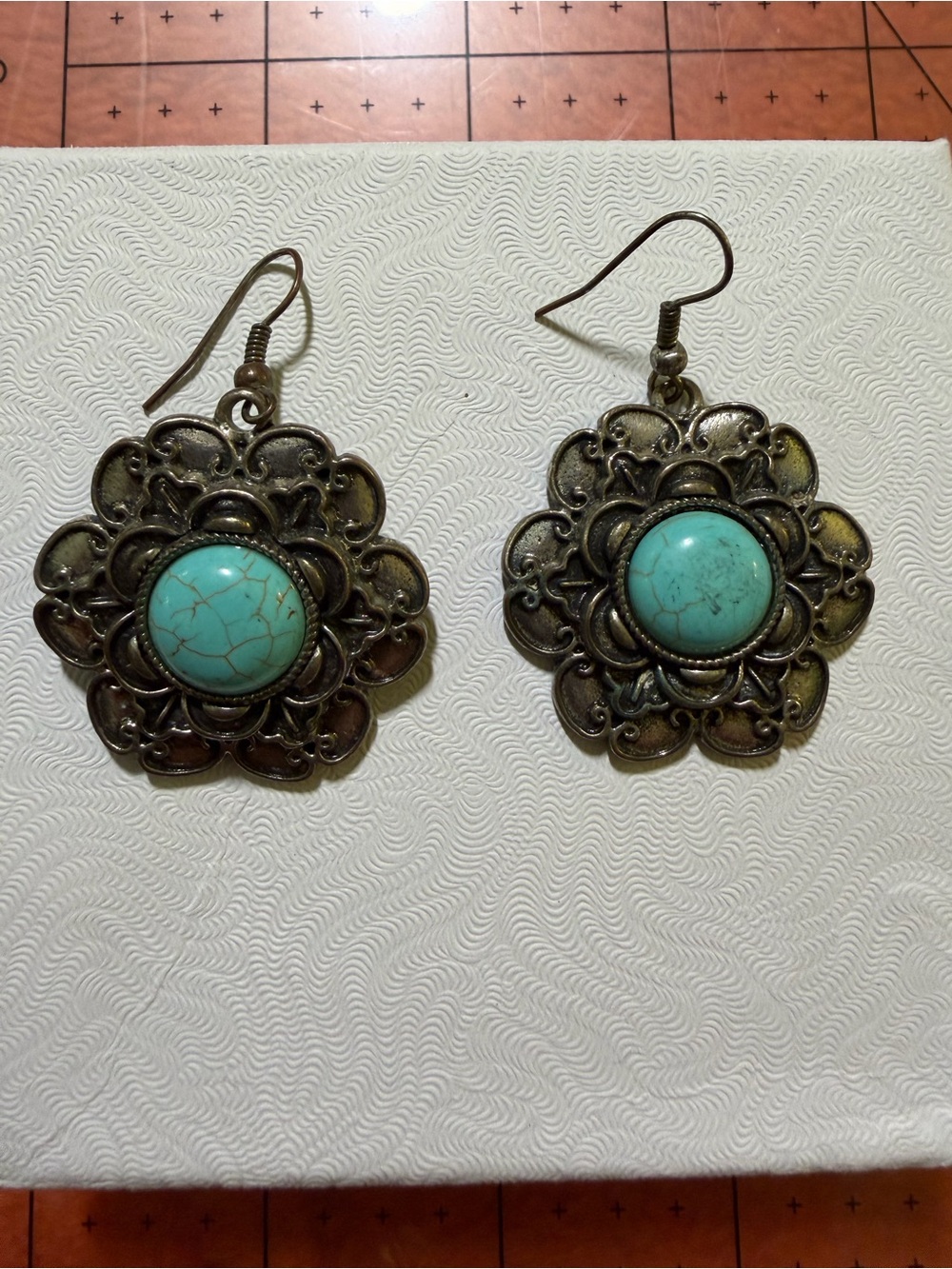 Turquoise Color Floral Dangle Earrings Antiqued Silver Tone Boho Western